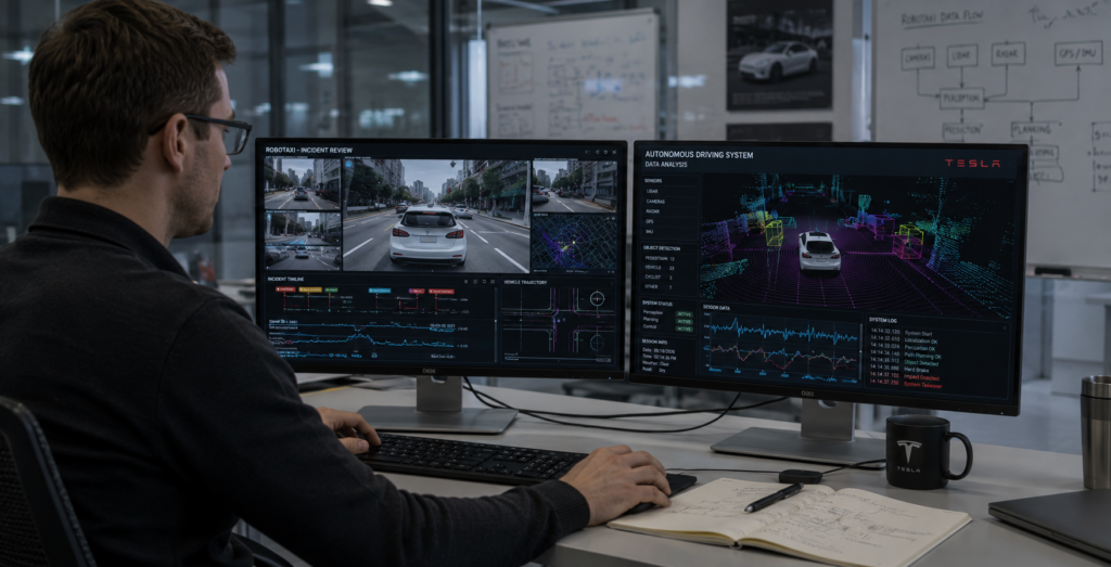 Engineer analyzing Tesla Robotaxi accident data and autonomous driving footage