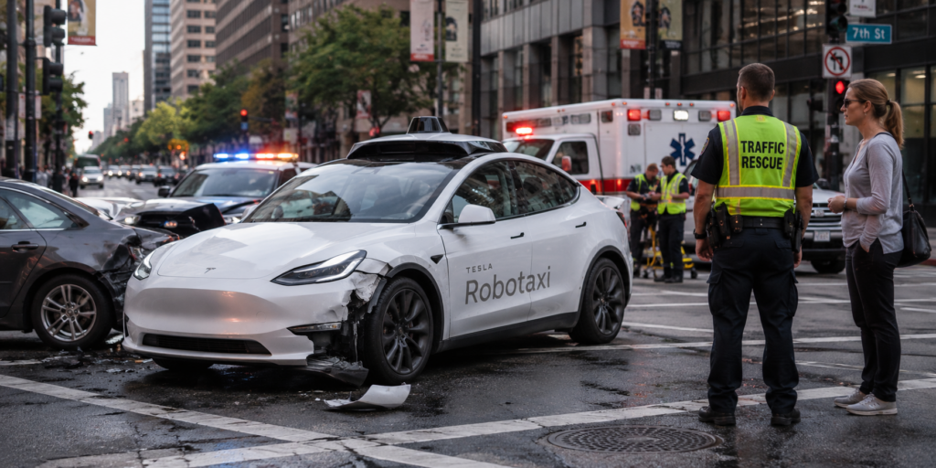 Minor Tesla Robotaxi accident scene involving autonomous vehicle