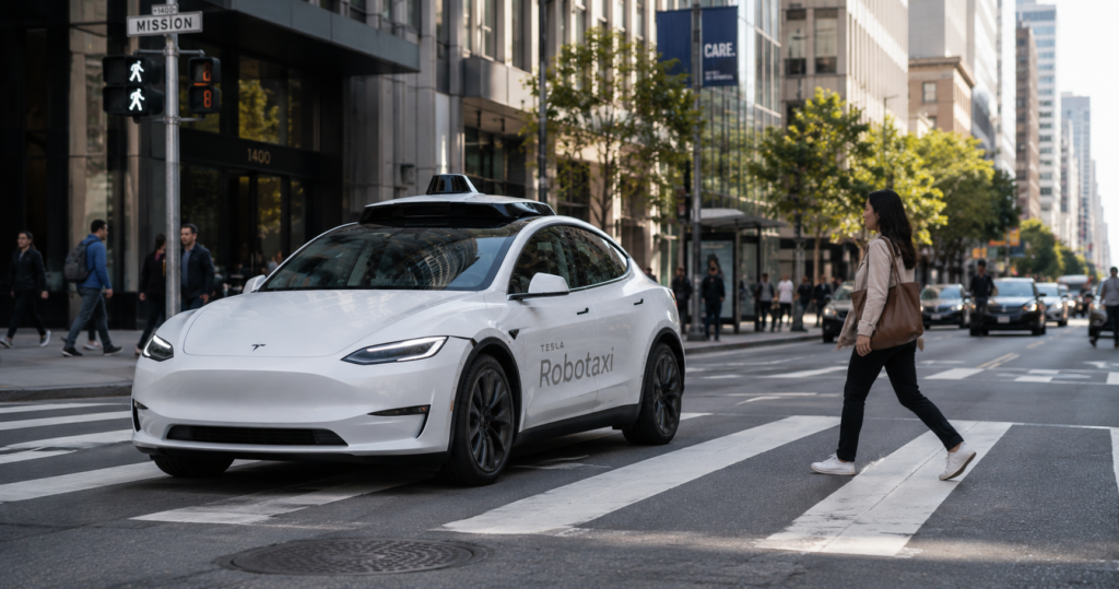 Tesla Robotaxi stopping for pedestrian at busy urban crosswalk
