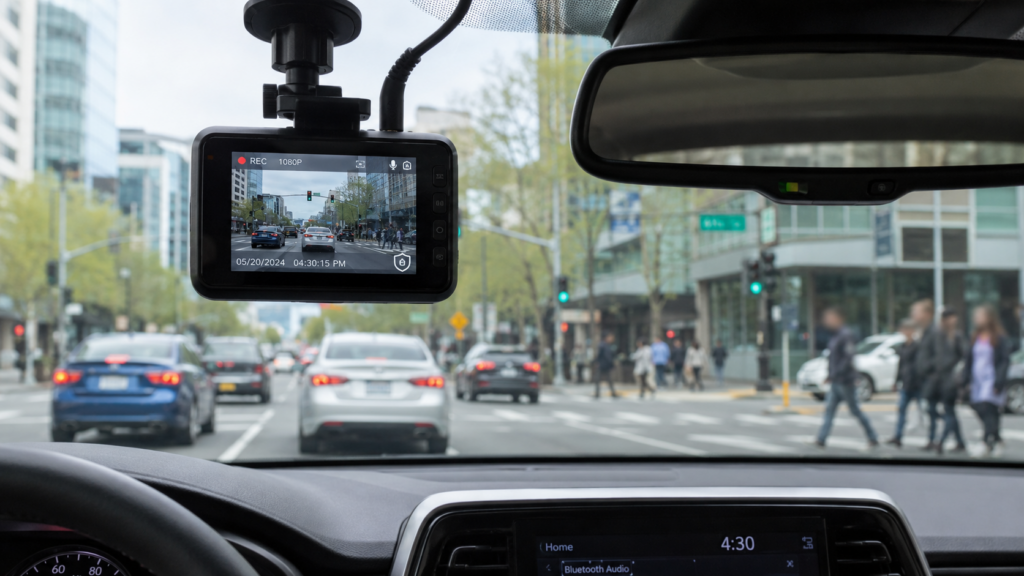 Dash cam mounted inside a vehicle recording city traffic with privacy concerns in mind