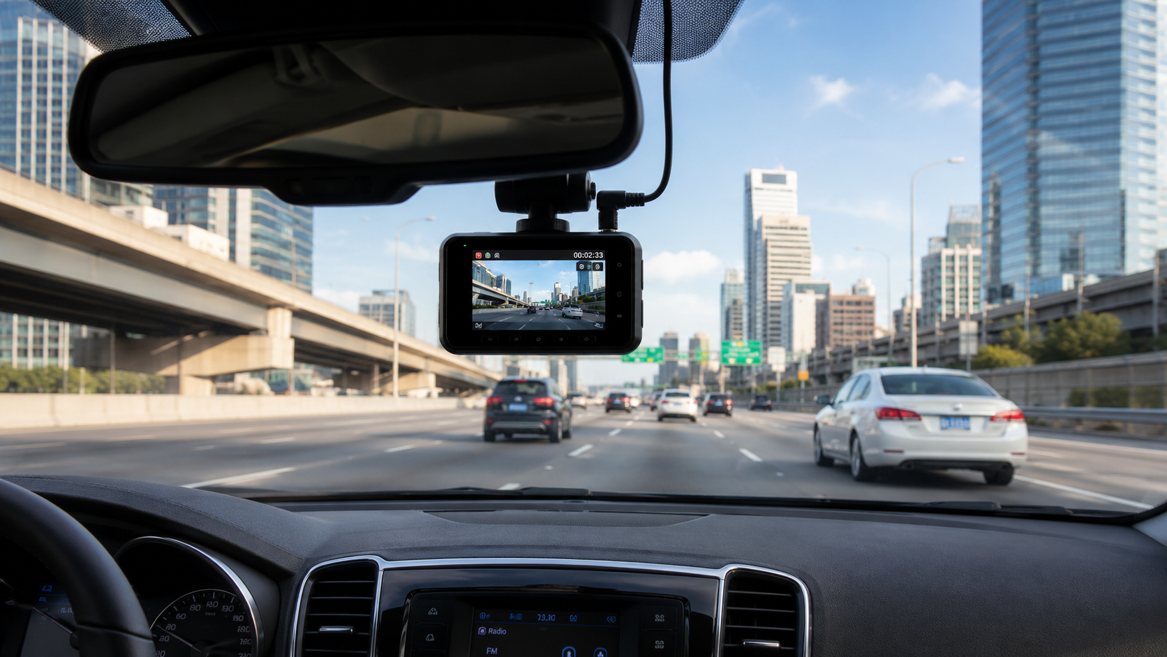 Dash cam recording traffic from inside a car on a modern city highway