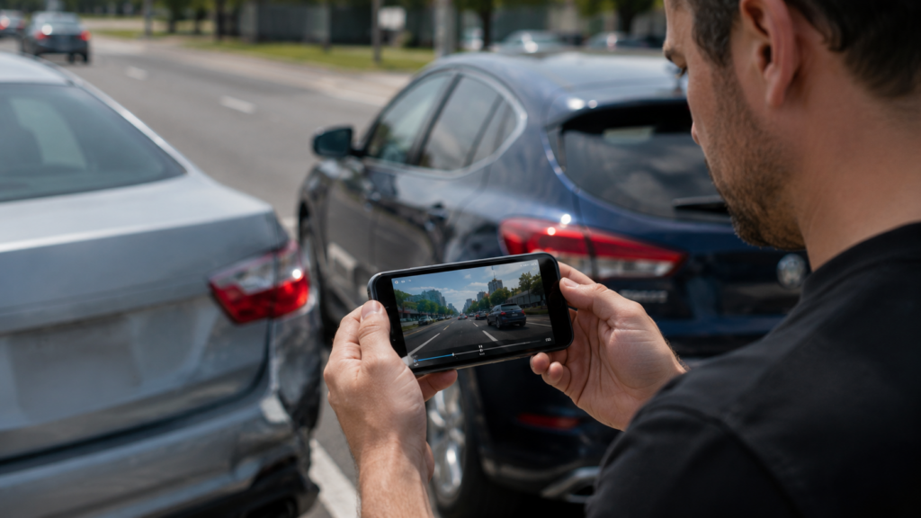 Driver reviewing dash cam footage on a smartphone after a traffic incident