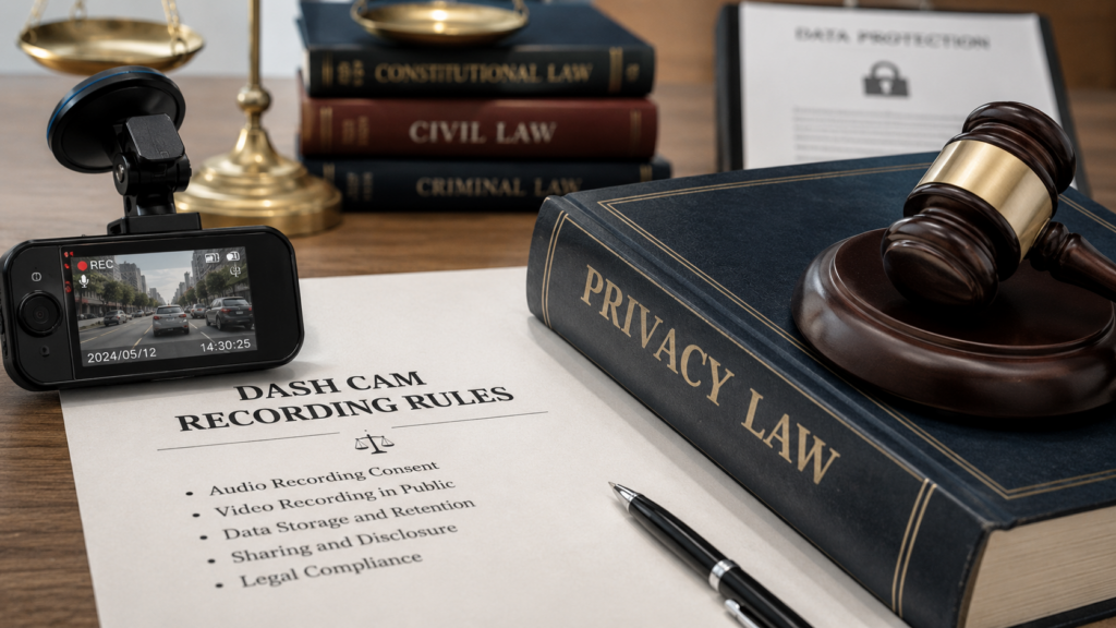Privacy law book and legal documents representing dash cam recording rules