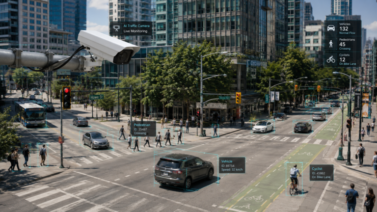AI road safety camera monitoring cars pedestrians and cyclists at a busy urban intersection