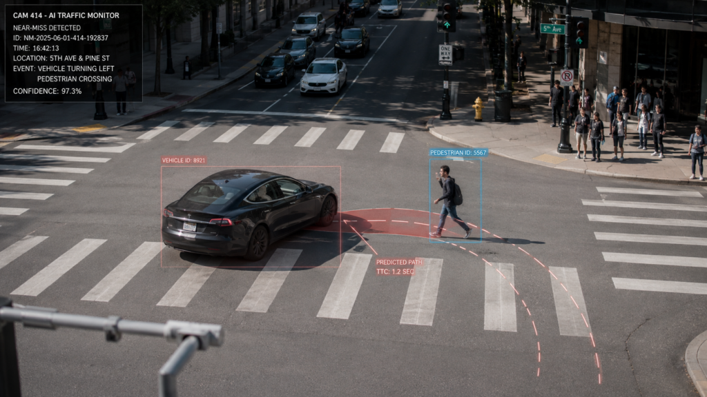 AI traffic camera detecting a near-miss between a turning car and pedestrian at a city crosswalk