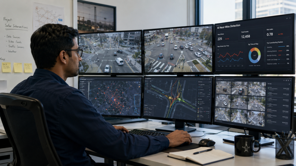 Traffic safety engineer reviewing AI near-miss detection data on computer screens