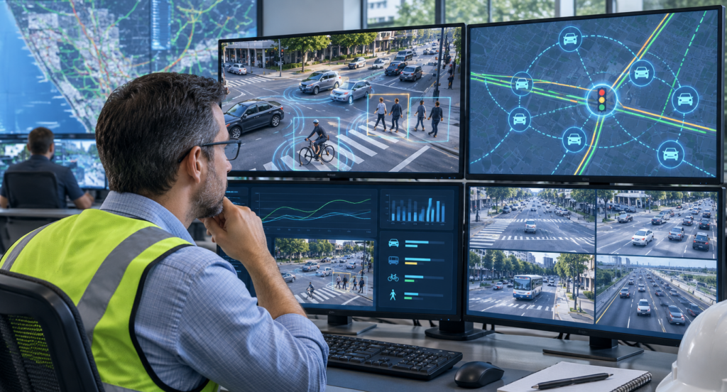 Traffic engineer reviewing V2X connected vehicle data and smart intersection alerts