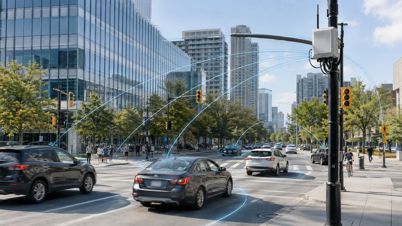 V2X connected vehicles sharing safety data at a busy smart city intersection