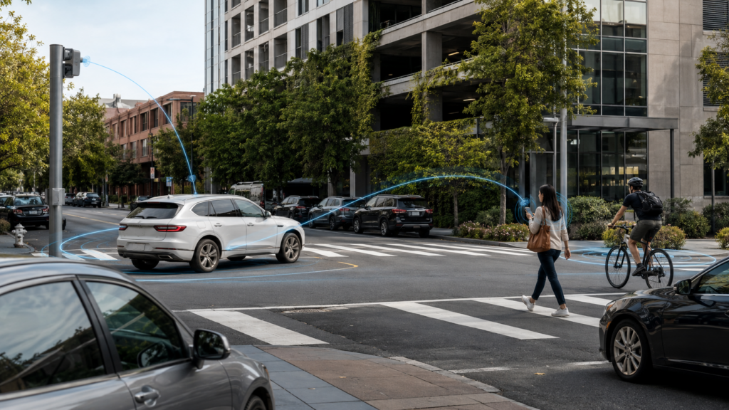 V2X system warning a driver about pedestrians and cyclists approaching an urban crosswalk