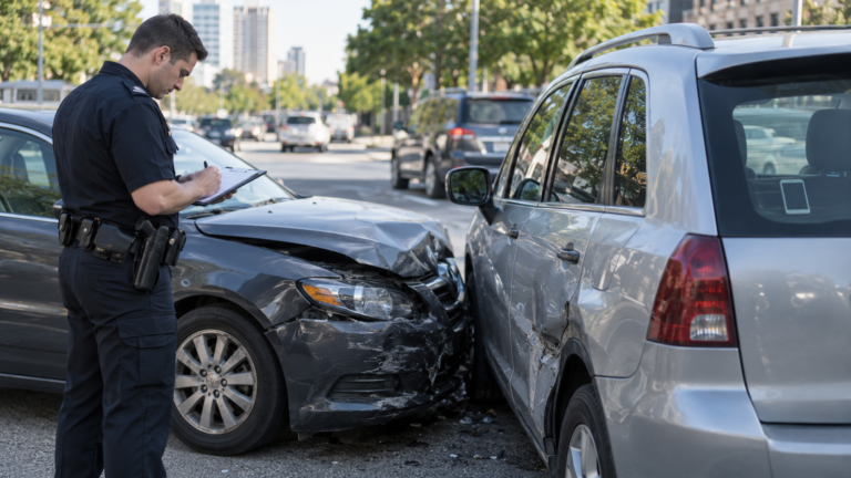 Police officer documenting a crash where possible cellphone distraction may not appear in the accident report